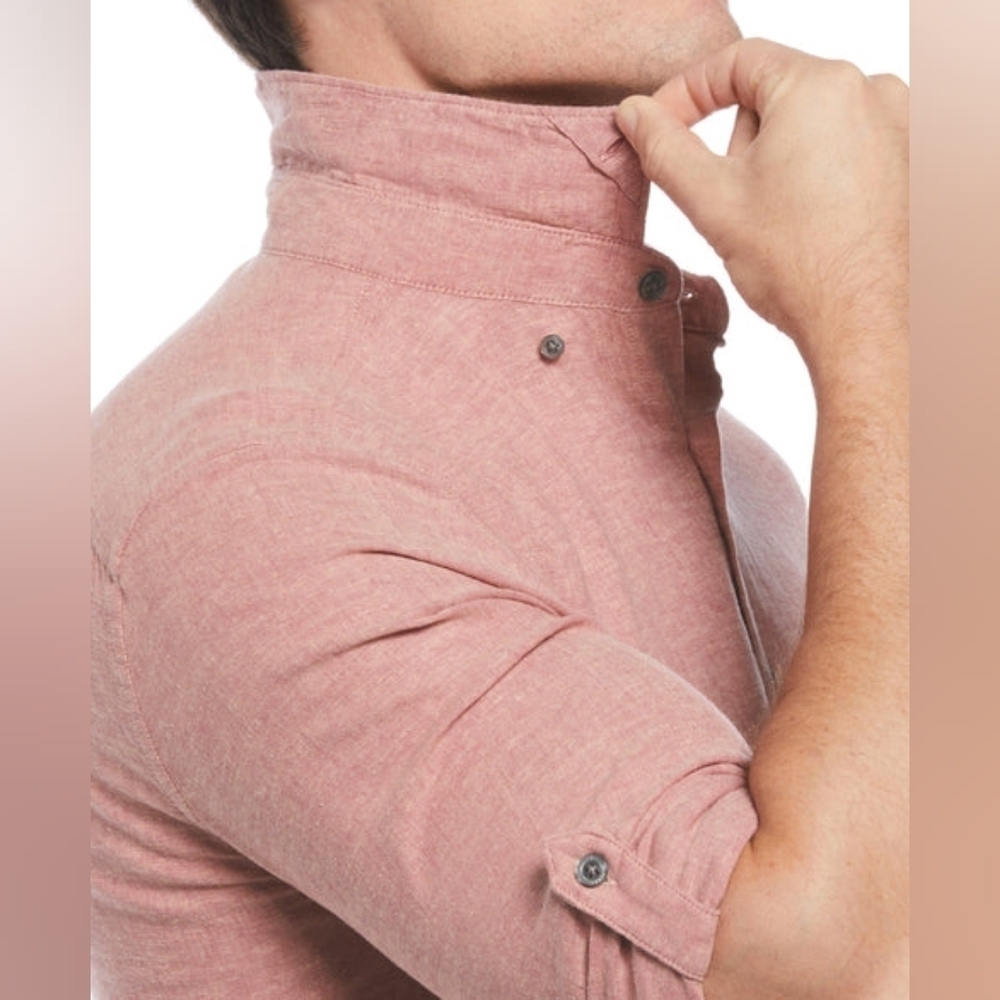 Pink Red Linen Blend Perry Ellis Button Down Long Sleeve Top L